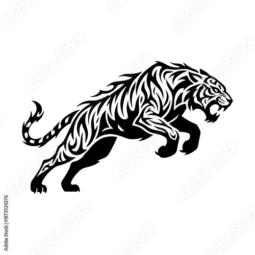 Dynamic tribal style black and white tiger illustration leaping with fierce expression.