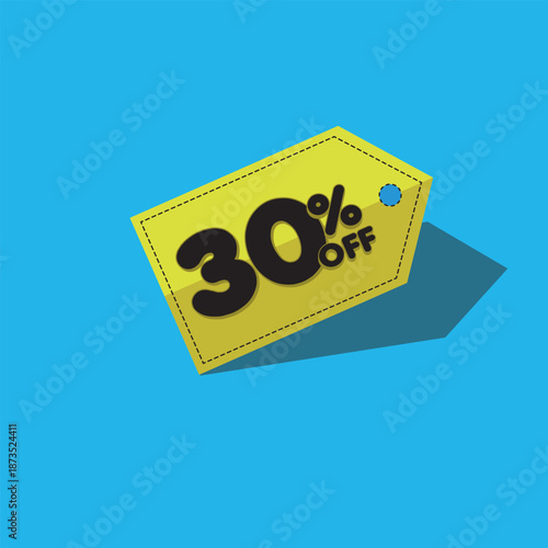 30% Off Promotion Label: A vibrant yellow price tag boldly announces a substantial 30% discount, set against a calming blue backdrop, capturing attention. 