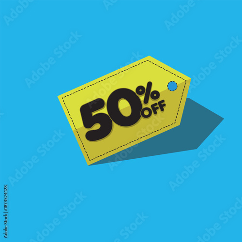Golden Discount Tag: A vibrant yellow discount tag announces a 50% OFF sale, with a clean and modern design, floating elegantly against a cheerful blue backdrop. 
