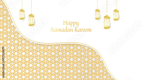 Ramadan Kareem White and Gold Luxury Islamic Background with Ornament and Lantern