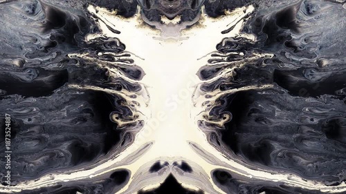 An abstract background of flowing and blending black and white acrylic paint with a mirror kaleidoscope effect. Concept of the Rorschach test. 4K time-lapse video.