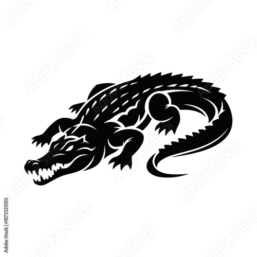 A stylized black silhouette of an alligator with sharp teeth and detailed scales.