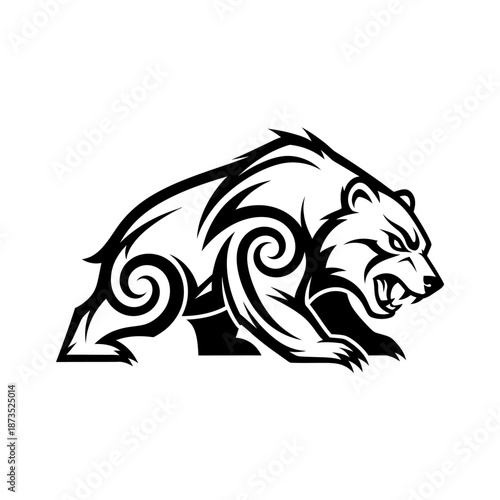 A fierce tribal tattoo design of a roaring grizzly bear with swirling patterns on its body, rendered in black and white.