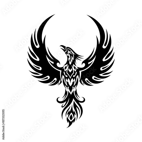 A striking black tribal tattoo design of a phoenix with outstretched wings and a flowing tail.