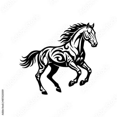 A stylized black and white illustration of a majestic horse galloping with intricate tribal patterns adorning its powerful body.