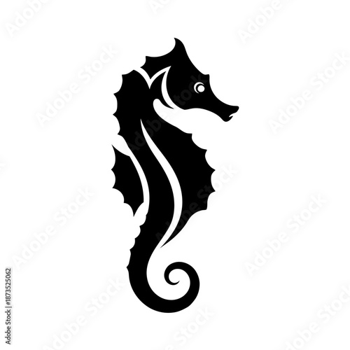A stylized black silhouette of a seahorse with a curled tail and spiky dorsal fin.