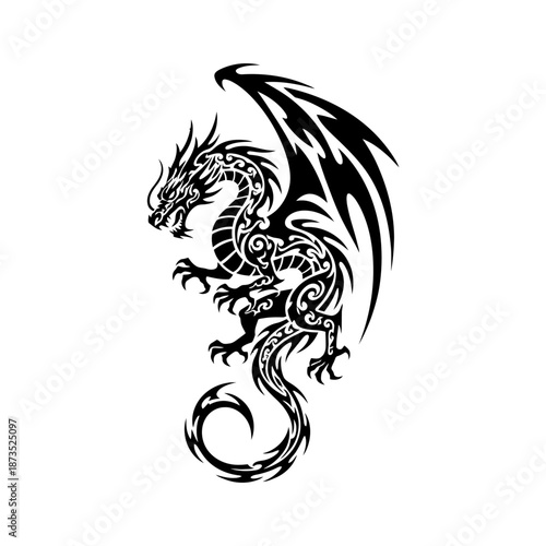 Intricate black tribal dragon with large wings and detailed scales, standing on its hind legs with a curled tail, isolated on a white background.