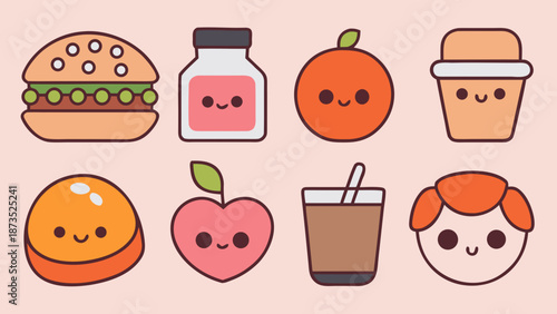 Low-Calorie Healthy Food Flat Icons. Minimal flat vector icon set of 8 low-calorie healthy meals and drinks in soft neutral colors—perfect for diet apps, wellness branding, and nutrition design.