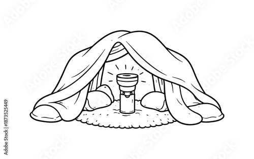 Simple cartoon drawing of a flashlight illuminating a makeshift tent