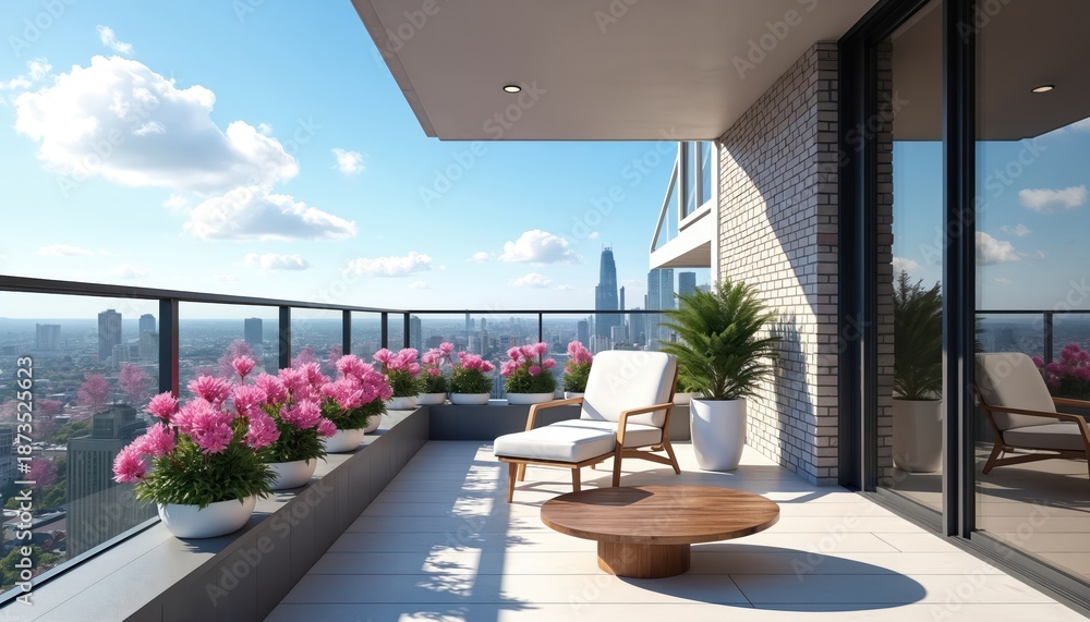 Fototapeta premium Illustration of modern balcony with city view and flower pots. Bright flowers decorate the urban balcony space. Comfortable furniture creates relaxing area. Summer sunny day at terrace.