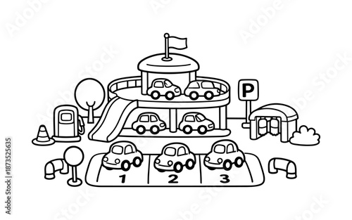 Cute cartoon parking garage with cars, gas station, and car wash illustration