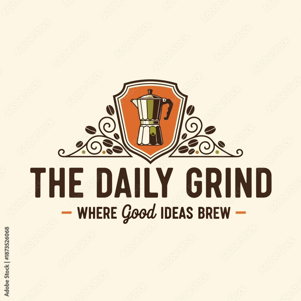 Obraz premium The Daily Grind coffee logo with moka pot and beans.