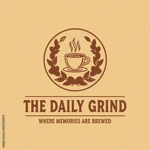 The Daily Grind Coffee Shop Logo with Steaming Cup and Laurel Wreath.