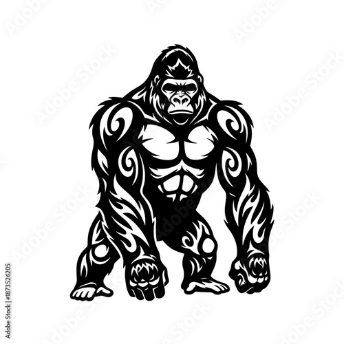A powerful and muscular gorilla with tribal tattoo-like markings, depicted in a bold black and white illustration.
