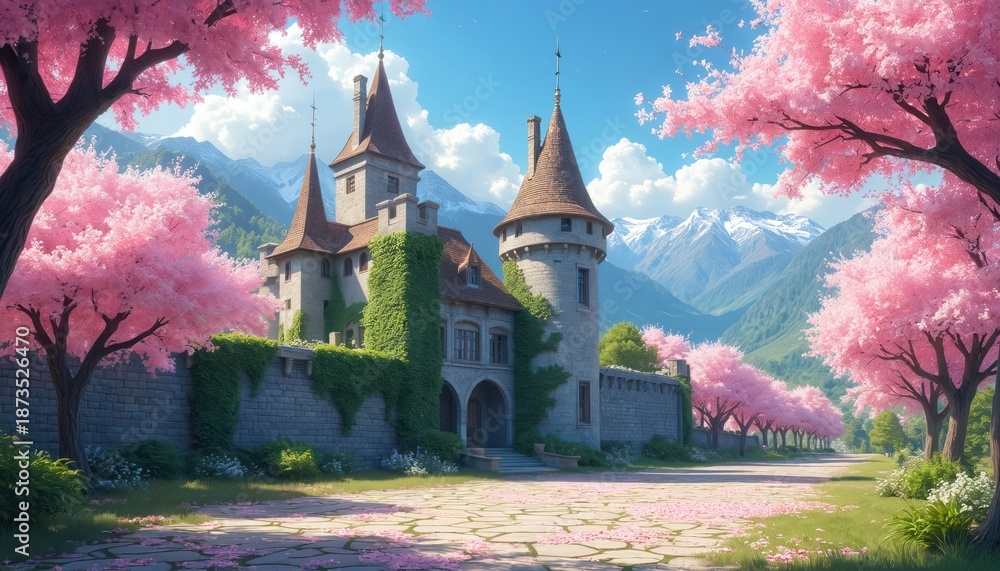 Fototapeta premium Stone castle with turrets stands near blooming pink trees. Mountains rise in distance under bright blue sky. Green ivy covers castle walls. Pathway leads to castle entrance during spring season.