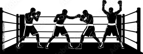 Boxing ring silhouette, four boxers in action, fighting stance, punch, defense, victory pose, sports vector, black and white illustration