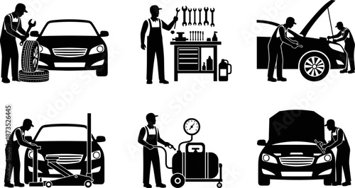 Car mechanic silhouettes performing vehicle maintenance and repair tasks, auto service workshop activities, professional automotive service vector illustration isolated on white background