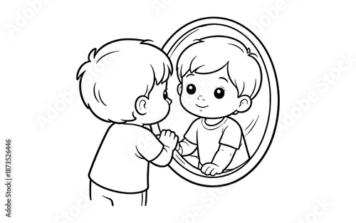Cute cartoon boy looking at his reflection in a mirror with a happy expression