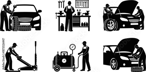 Car repair and maintenance silhouettes set, auto mechanics working scenes, vehicle service icons, black vector illustration for garage, automotive, workshop concepts