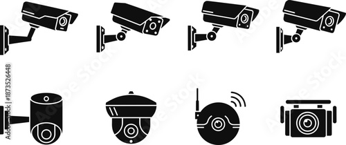 CCTV security camera silhouettes set, surveillance equipment icons and monitoring devices, black vector illustration for safety systems, protection, technology, video surveillance concepts