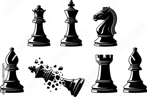 Chess pieces silhouettes collection featuring king queen rook bishop knight and shattered piece, strategy game symbols, competition and leadership concept, black vector illustration isolated