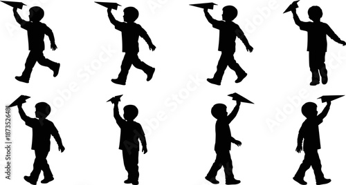 Child playing with paper airplane silhouettes set, kids imagination and fun poses, black vector illustration for childhood, creativity, playtime, education concepts