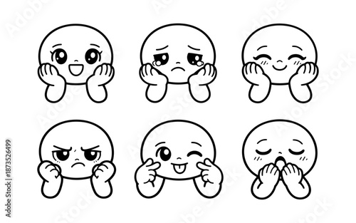 Set of cute cartoon faces showing different emotions with hands on cheeks