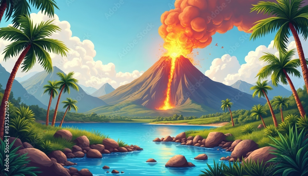 Fototapeta premium Illustration of volcanic eruption in tropical landscape with palm trees. Nature scene includes mountains a lake and volcano with lava. Summer illustration of natural disaster.