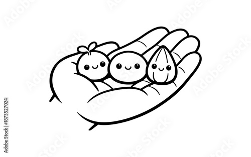 Cute cartoon hand holding three happy seeds and fruits in black and white
