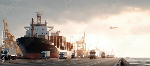 Cargo ship docked at a port with trucks transporting containers on the road and an airplane flying above, symbolizing global trade