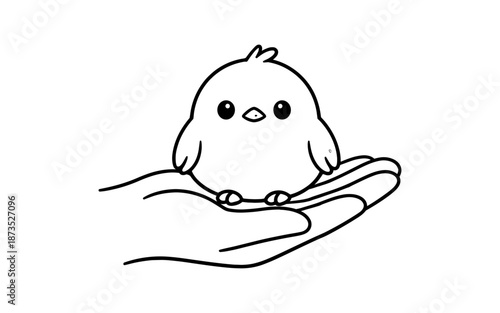 Cute cartoon chick sitting on an open hand, simple line art illustration