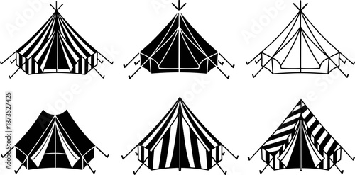 Circus tent silhouette vector illustration set, carnival big top pavilion designs collection, striped festival shelter icons, black vintage entertainment symbols isolated