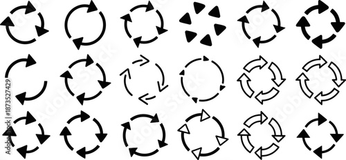 Circular arrow rotation icons set vector illustration, black refresh reload cycle symbols collection, process loop direction graphics for workflow, infographic, interface design