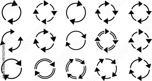 Circular arrow icons collection, refresh reload rotation symbols, looping direction signs, clockwise and counterclockwise arrows, minimal black vector illustration isolated on white background