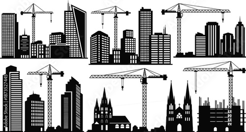 City skyline construction silhouettes with tower cranes and buildings, urban development scenes, architecture and infrastructure growth concept, black vector illustration isolated