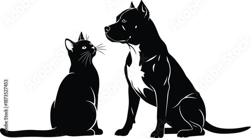 Black and white vector illustration of a sitting cat and a pit bull terrier dog looking at each other peacefully
