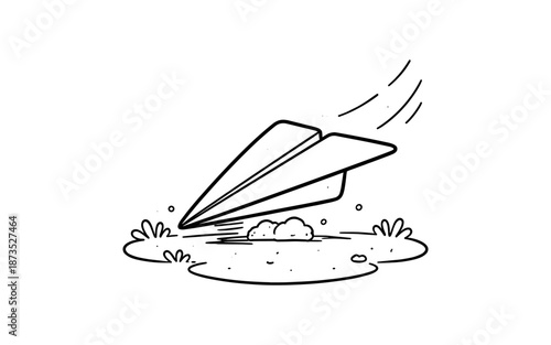 Simple black and white drawing of a paper airplane taking flight over grass