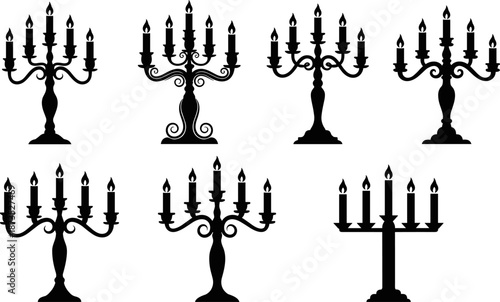 Classic candelabra silhouette vector illustration set, ornate candle holder designs collection, elegant vintage lighting decor symbols, gothic interior decoration elements