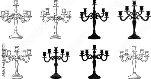 Classic candelabra candle holder vector illustration set, elegant vintage candlestick designs, black and outline decorative lighting elements for luxury interior, gothic, wedding decor