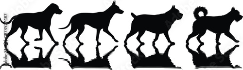 Black and white vector illustration of an athletic pit bull terrier dog jumping to catch a ball on the grass