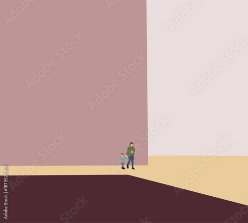 Mother holding son hand walking on modern city street. Urban lifestyle. Spending time together. Minimal architecture design.