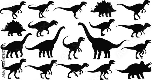 Black cat, elephant, deer, and dinosaur silhouettes set, various wildlife poses, jumping, walking, prehistoric, isolated vector illustration collection for nature animal design,