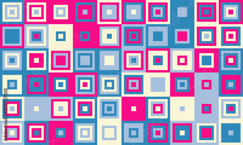 Vibrant geometric pattern of nested squares in pink, blue, and cream.  Modern, playful design ideal for backgrounds, textiles, or website design.  Represents order, structure, and playful creativity.