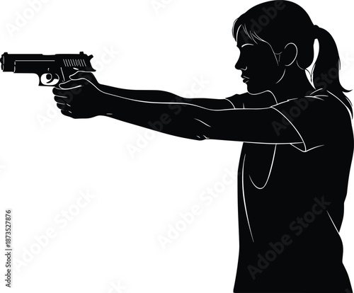 Black silhouette of a woman aiming a handgun pistol at a target for self defense and firearm safety training exercises outdoors