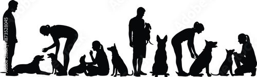 Black silhouette of people training dogs including men and women interacting with puppies and adult pets for veterinary and canine behavior
