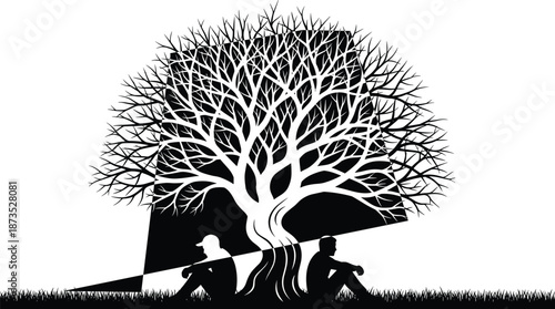 Black silhouette of two people sitting under a large spreading tree with bare branches for nature and peace concept background (Exactly 21 words)
