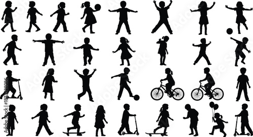 Black silhouettes of active children playing jumping running riding bicycles and scooters isolated on white background for creative graphic design