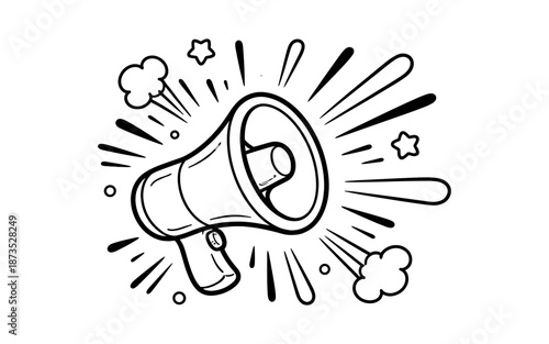 Hand-drawn megaphone with sound waves and stars, symbolizing announcement and communication
