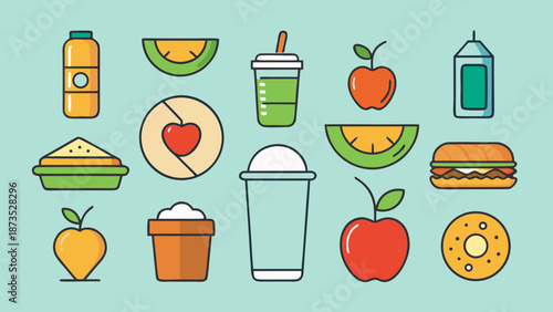 Clean Eating Flat Vector Icons. Minimal flat vector icons of clean eating foods and drinks, 14 simple and professional symbols designed for branding, packaging, and digital health use.