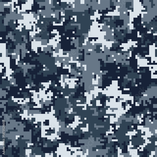 Abstract digital camouflage pattern in shades of blue and gray. Perfect for backgrounds, textiles, or militarythemed designs.  Evokes feelings of concealment, strategy, and modern technology.